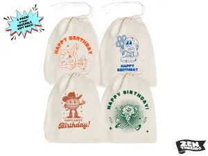 Happy Birthday SET OF 4 Gift Bags 8x10" Printed Drawstring Reusable Cotton Bags present wrapping sustainable reusable cute cotton sack favor