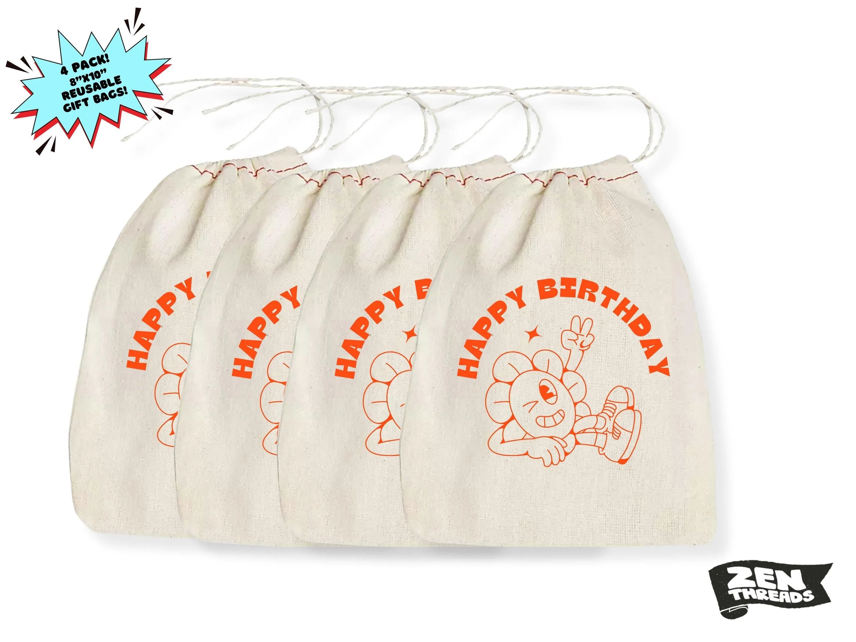 Happy Birthday SET OF 4 Gift Bags 8x10" Printed Drawstring Reusable Cotton Bags present wrapping sustainable reusable cute cotton sack favor