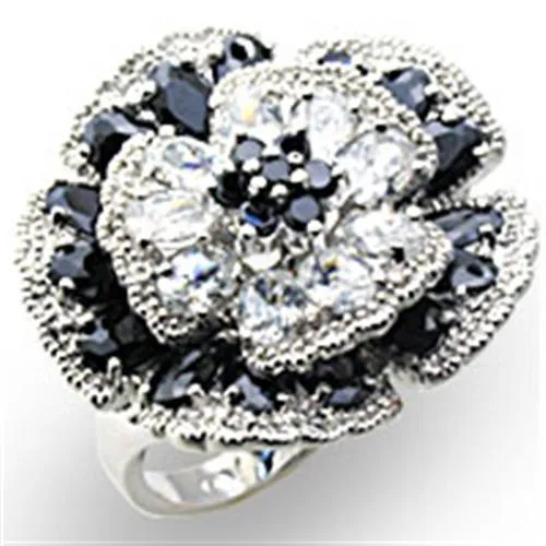 High-Polished 925 Sterling Silver Ring with AAA Grade CZ in Jet for Women Style 34432