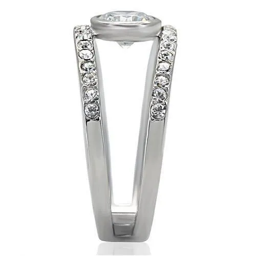 High polished (no plating) Stainless Steel Ring with AAA Grade CZ in Clear for Women Style TK171