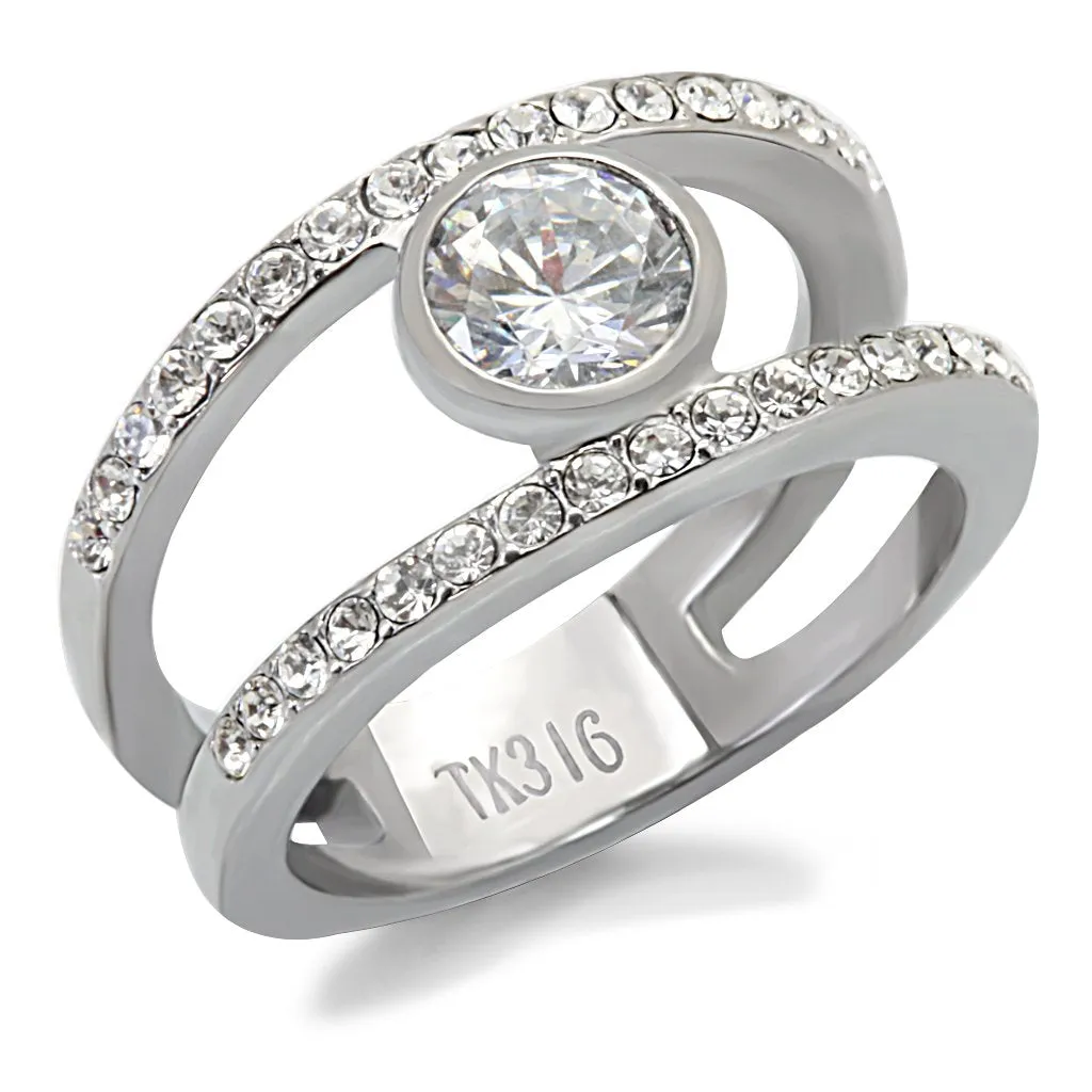 High polished (no plating) Stainless Steel Ring with AAA Grade CZ in Clear for Women Style TK171