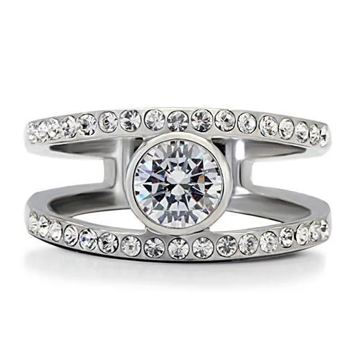 High polished (no plating) Stainless Steel Ring with AAA Grade CZ in Clear for Women Style TK171