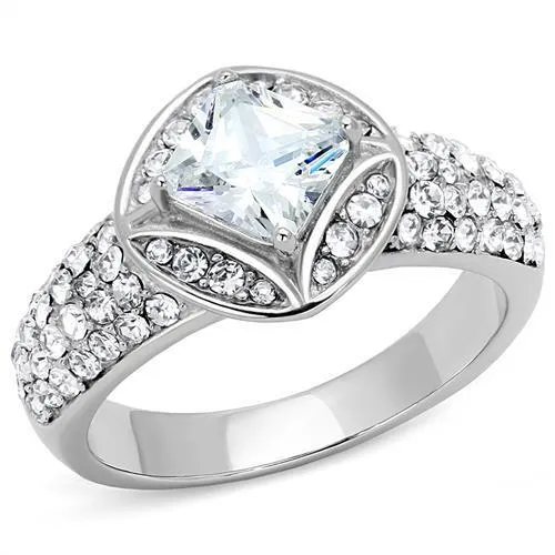 High polished (no plating) Stainless Steel Ring with AAA Grade CZ in Clear for Women Style TK3206