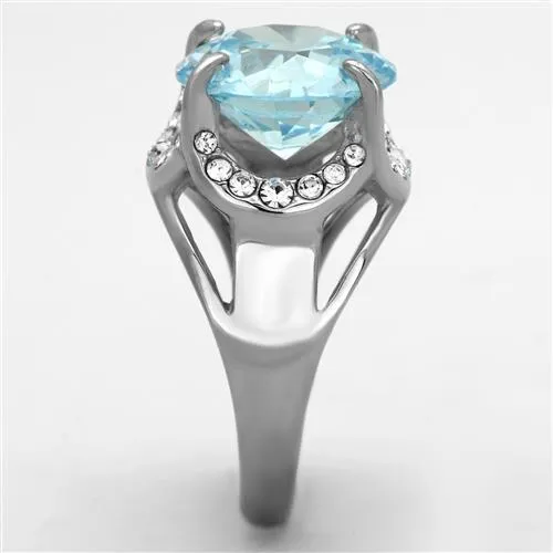 High polished (no plating) Stainless Steel Ring with AAA Grade CZ in Sea Blue for Women Style TK1423