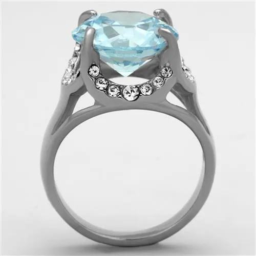 High polished (no plating) Stainless Steel Ring with AAA Grade CZ in Sea Blue for Women Style TK1423