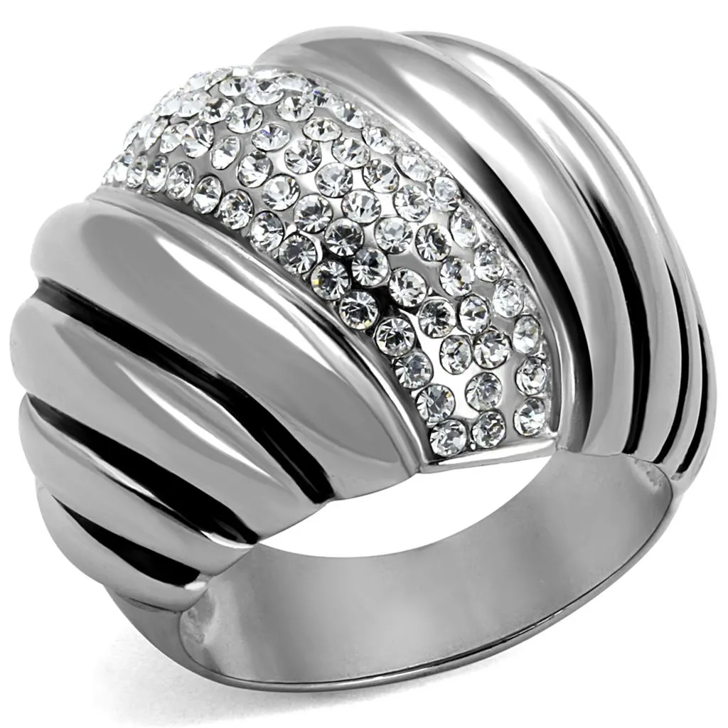 High polished (no plating) Stainless Steel Ring with Top Grade Crystal in Clear for Women Style TK1304