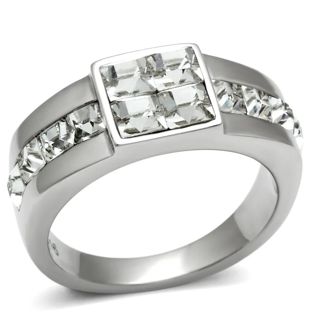 High polished (no plating) Stainless Steel Ring with Top Grade Crystal in Clear for Women Style TK487