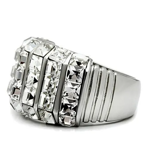 High polished (no plating) Stainless Steel Ring with Top Grade Crystal in Clear for Women Style TK490