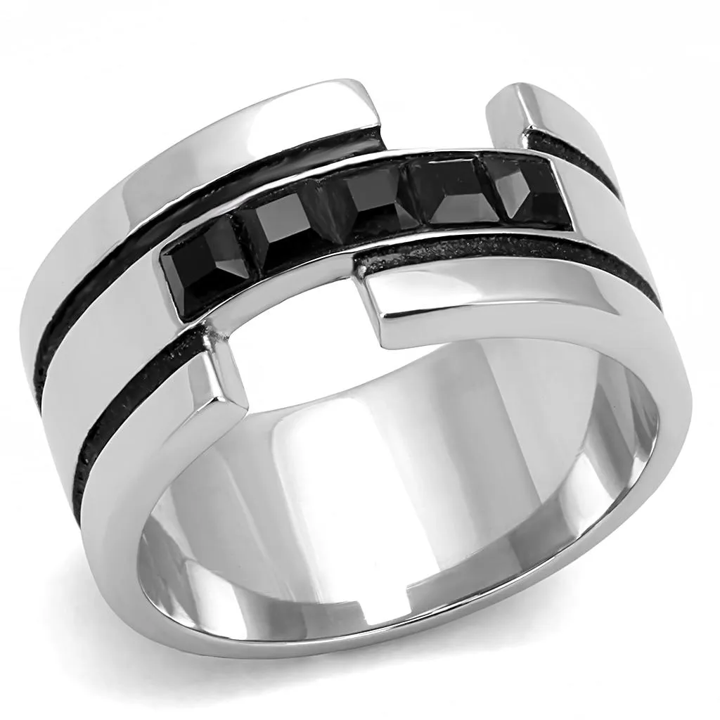 High polished (no plating) Stainless Steel Ring with Top Grade Crystal in Jet for Women Style TK3284