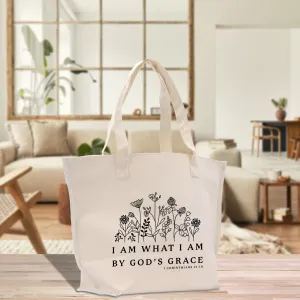 I am What I am by God's Grace 1 Corinthians 15:10 Christian Cotton Canvas Hand Bag Religious Gifts Church Bag Inspirational Bible Bag