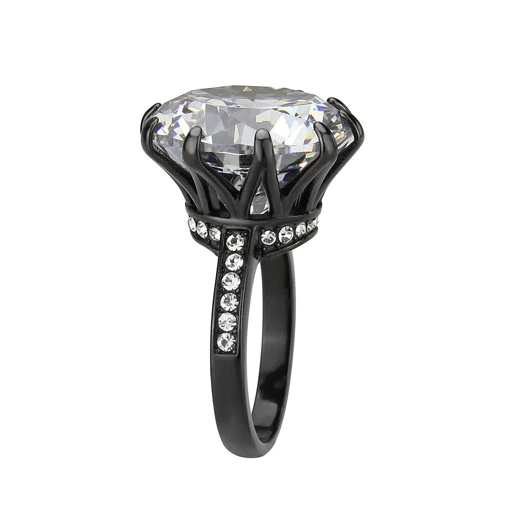 IP Black (Ion Plating) Stainless Steel Ring with AAA Grade CZ in Clear for Women Style TK3793