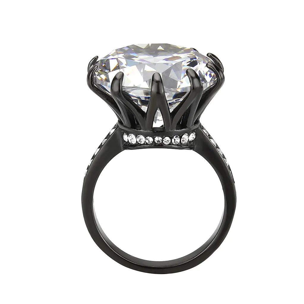 IP Black (Ion Plating) Stainless Steel Ring with AAA Grade CZ in Clear for Women Style TK3793