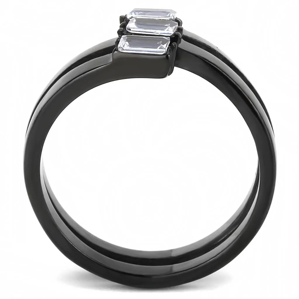 IP Black(Ion Plating) Stainless Steel Ring with AAA Grade CZ in Clear for Women Style TK3455