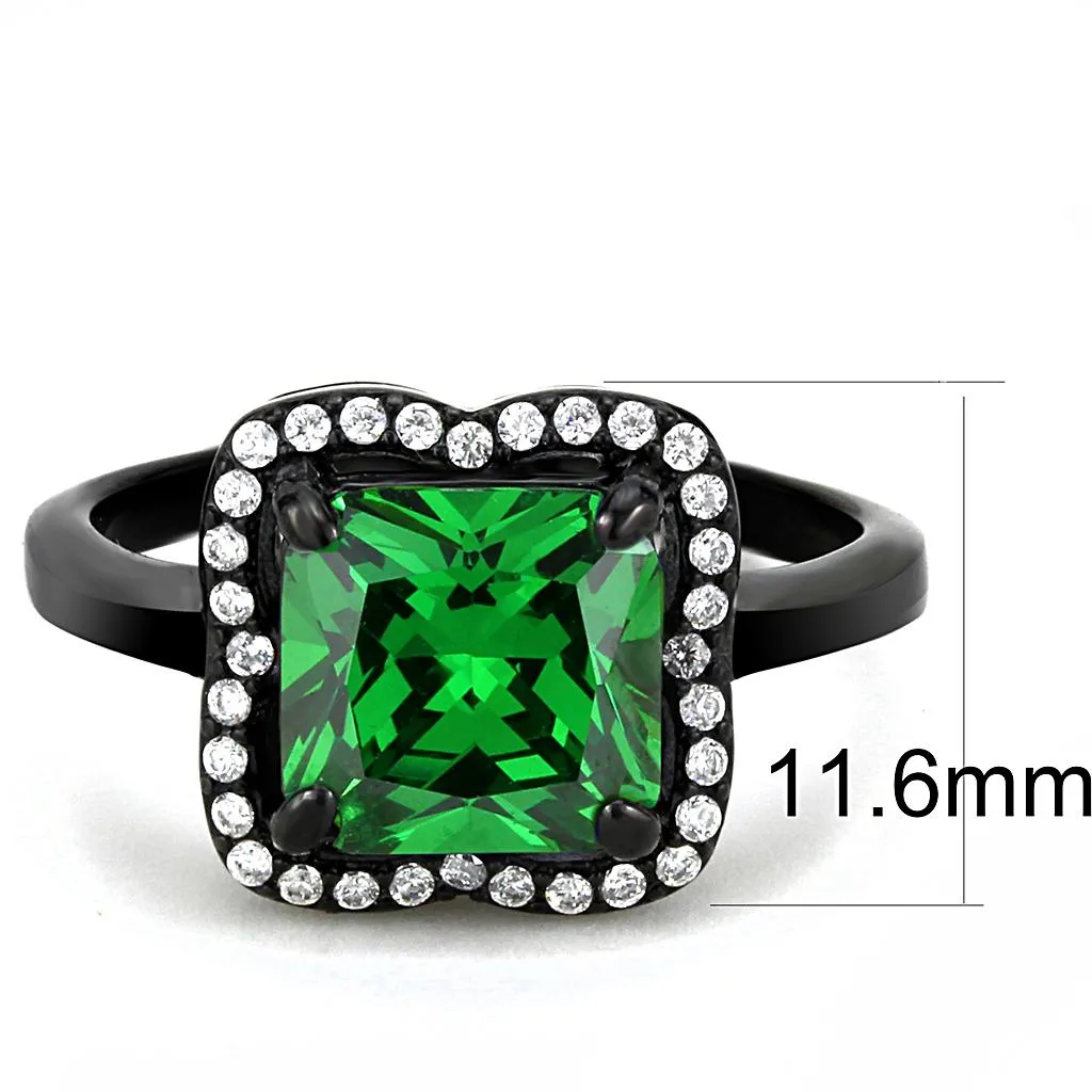 IP Black(Ion Plating) Stainless Steel Ring with AAA Grade CZ in Emerald for Women Style DA029