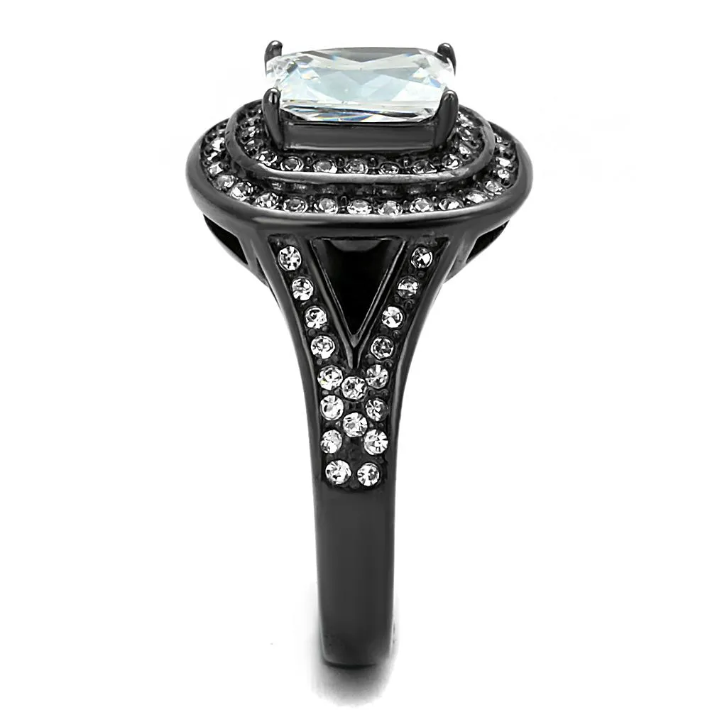 IP Light Black (IP Gun) Stainless Steel Ring with AAA Grade CZ in Clear for Women Style TK2731