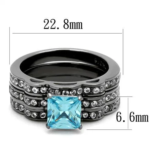 IP Light Black (IP Gun) Stainless Steel Ring with AAA Grade CZ in Sea Blue for Women Style TK2748