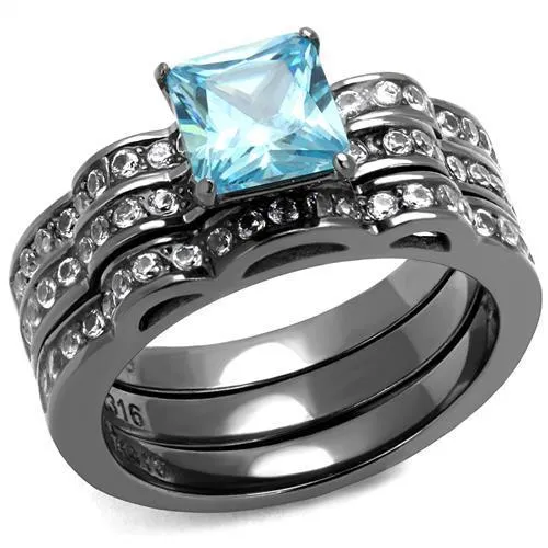 IP Light Black (IP Gun) Stainless Steel Ring with AAA Grade CZ in Sea Blue for Women Style TK2748