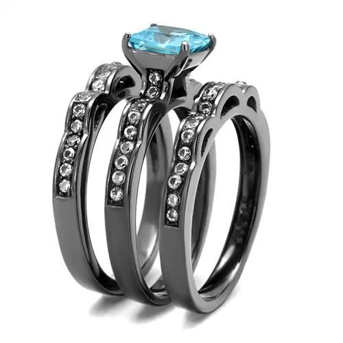 IP Light Black (IP Gun) Stainless Steel Ring with AAA Grade CZ in Sea Blue for Women Style TK2748