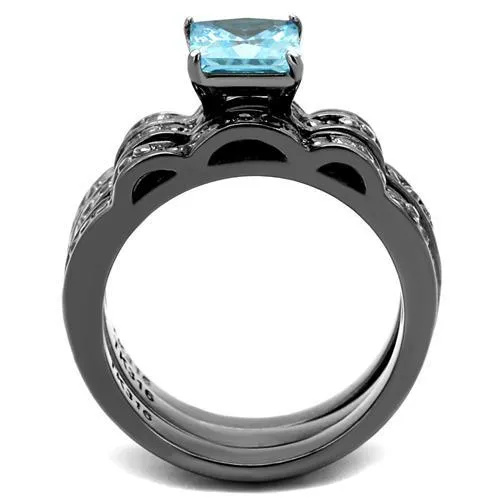 IP Light Black (IP Gun) Stainless Steel Ring with AAA Grade CZ in Sea Blue for Women Style TK2748