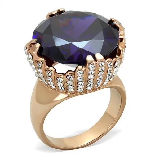 IP Rose Gold(Ion Plating) Stainless Steel Ring with AAA Grade CZ in Amethyst for Women Style TK1786