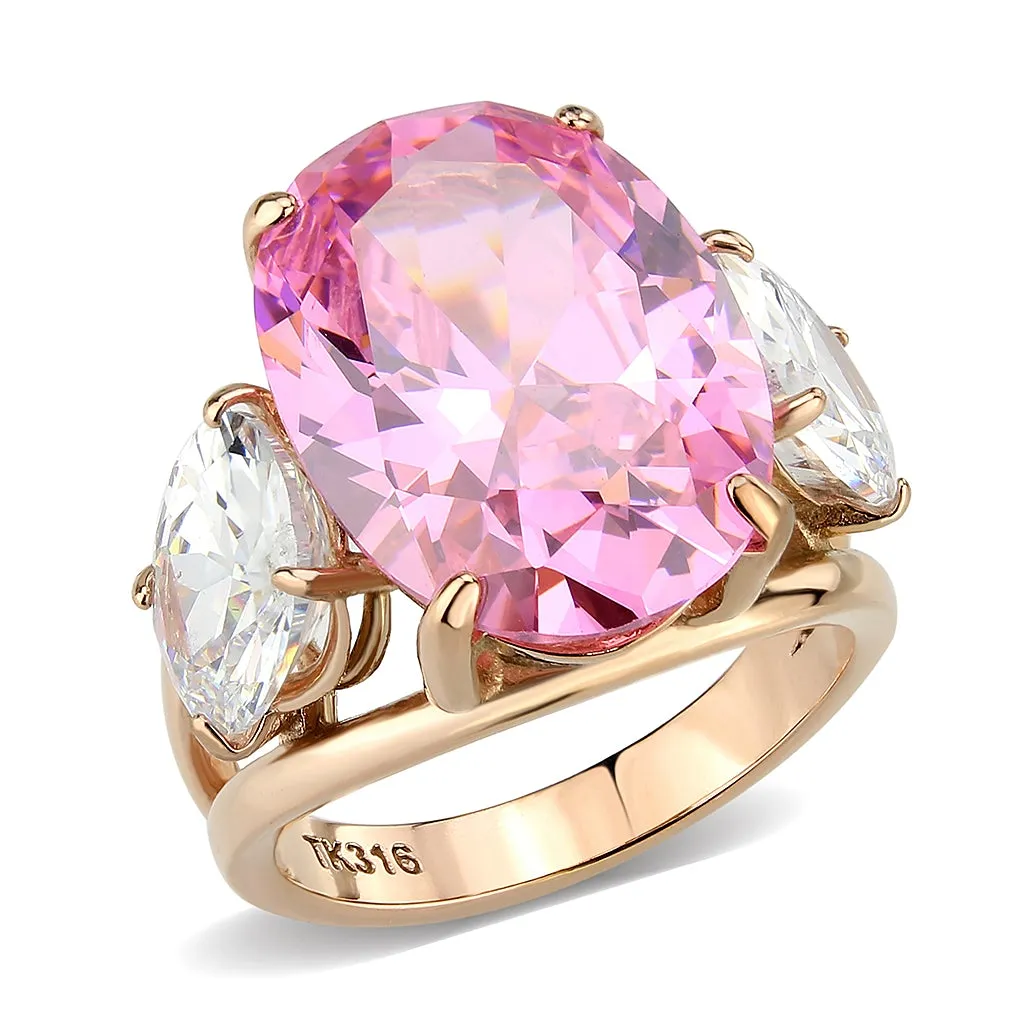 IP Rose Gold(Ion Plating) Stainless Steel Ring with AAA Grade CZ in Rose for Women Style TK3789