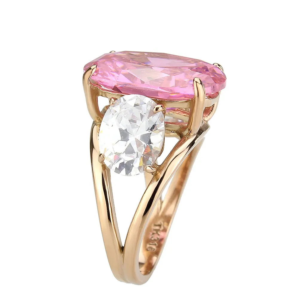 IP Rose Gold(Ion Plating) Stainless Steel Ring with AAA Grade CZ in Rose for Women Style TK3789