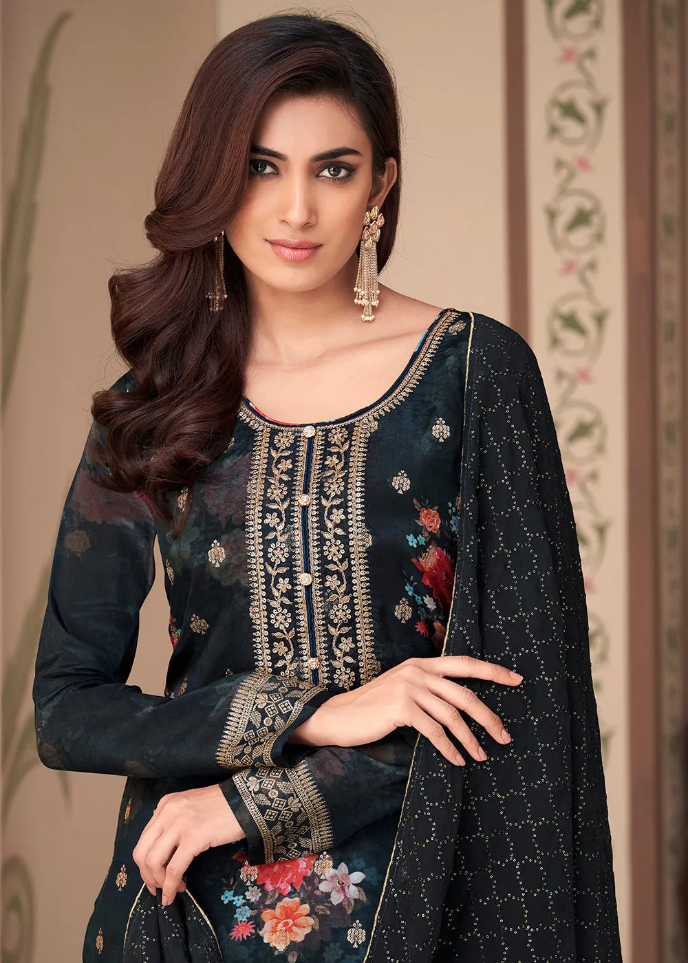 Jacquard Silk Alluring Black Digital Printed Salwar Suit