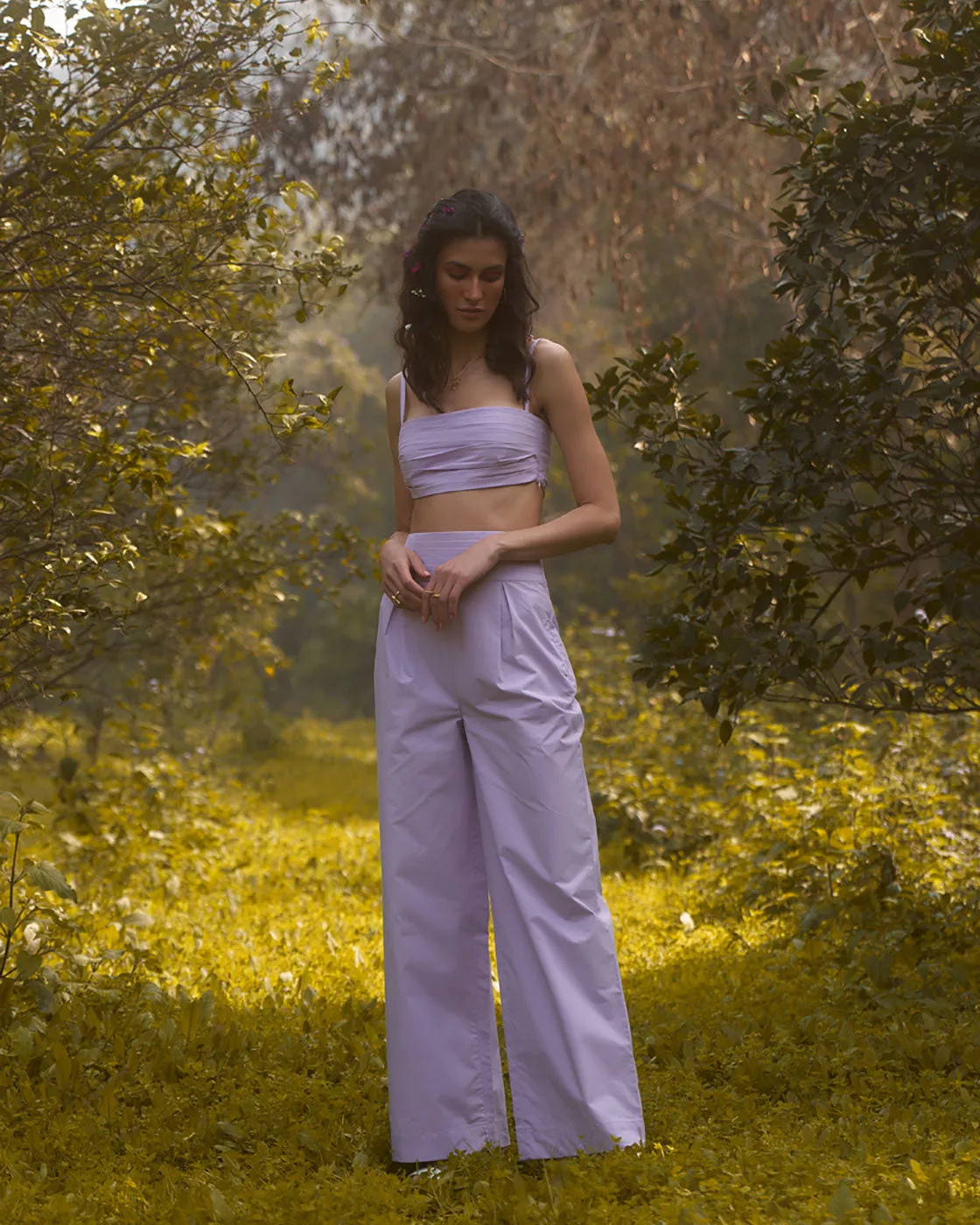 Lavendar Crop Top And Pant Set- Pleated Co Ord