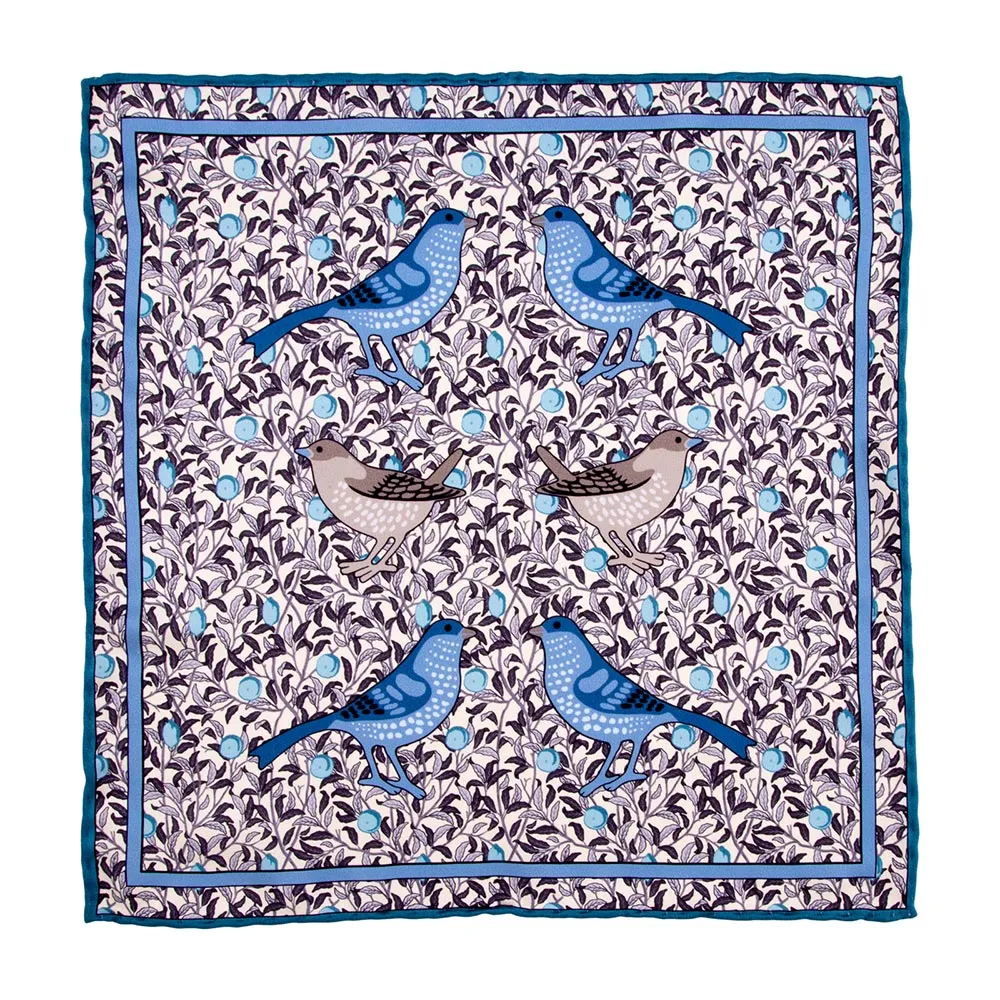 Light Blue Grey and White Birds William Morris Duchesse Silk Pocket Square