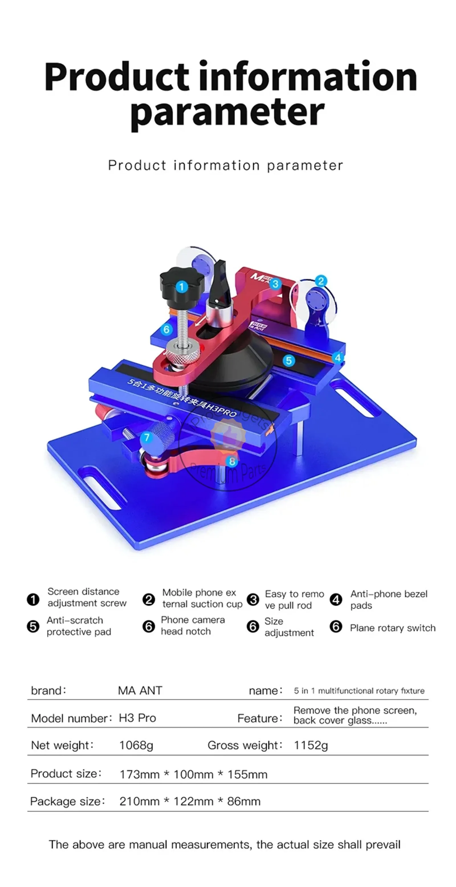 MaAnt H3 Pro 5 in 1 Muti-function Ratary Jig Free Heating Screen Fixture Separation for iPhone Android Phones Repair Tool