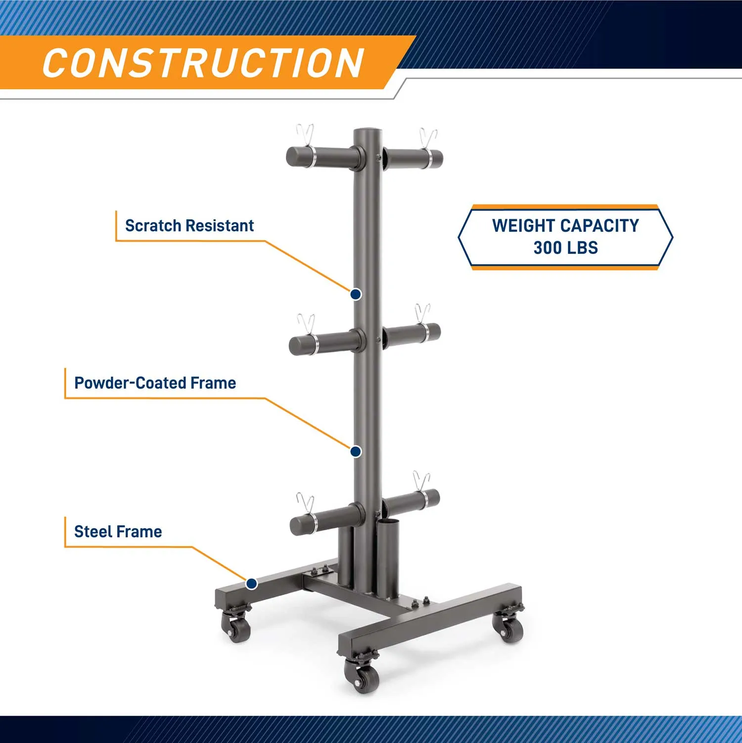 Marcy 6-Peg Olympic Weight Plate Tree and Vertical Bar Holder w/ Wheels | PT-5856