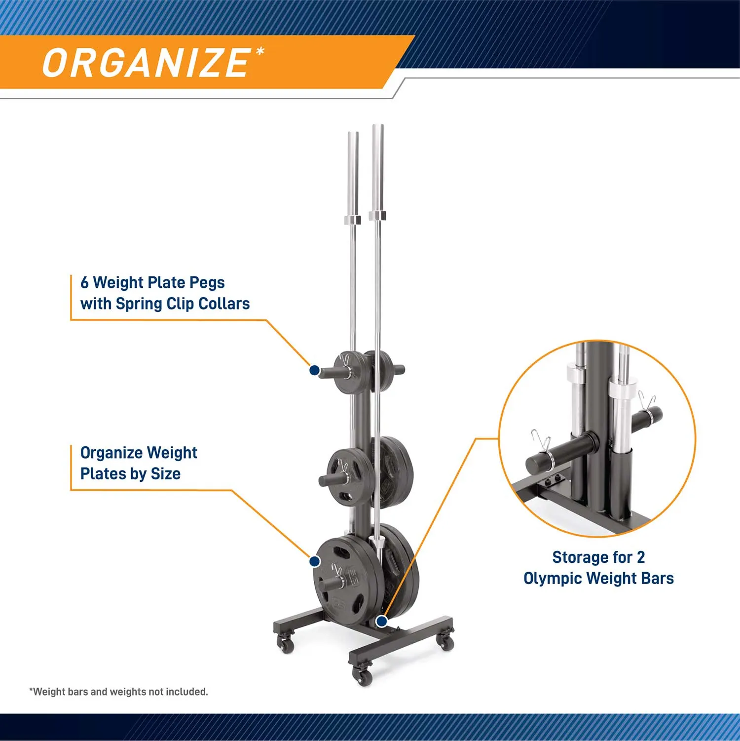 Marcy 6-Peg Olympic Weight Plate Tree and Vertical Bar Holder w/ Wheels | PT-5856