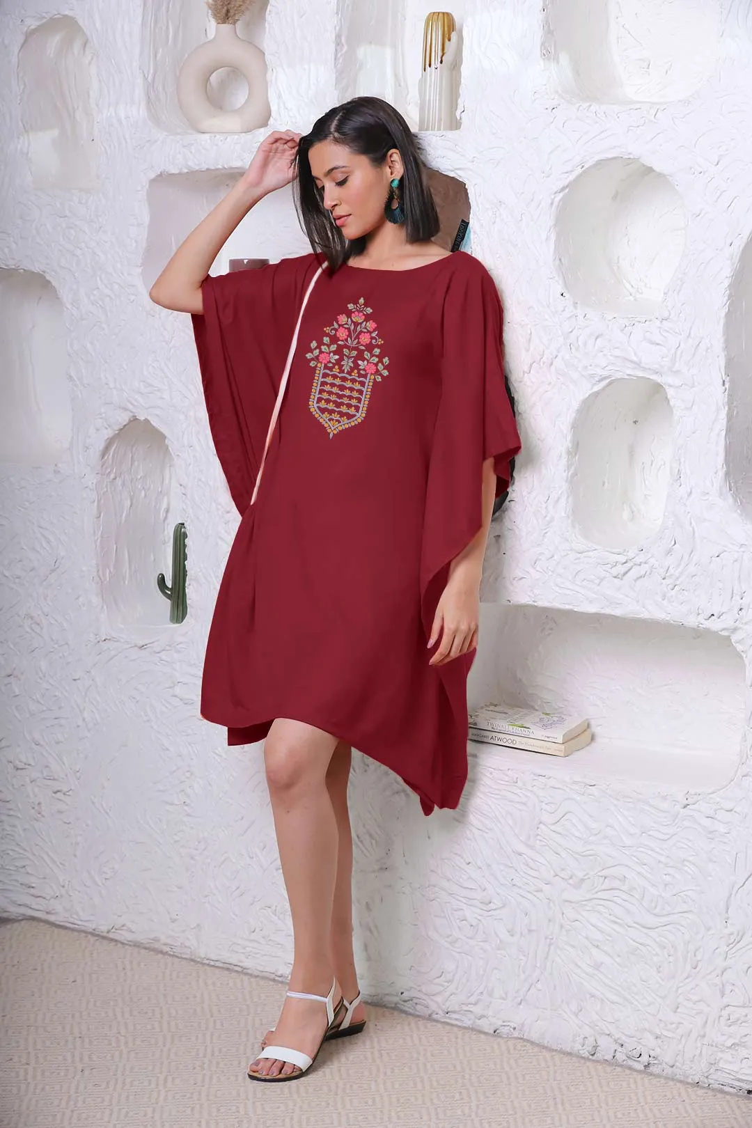 Maroon Rayon Kaftan - Mughal Print