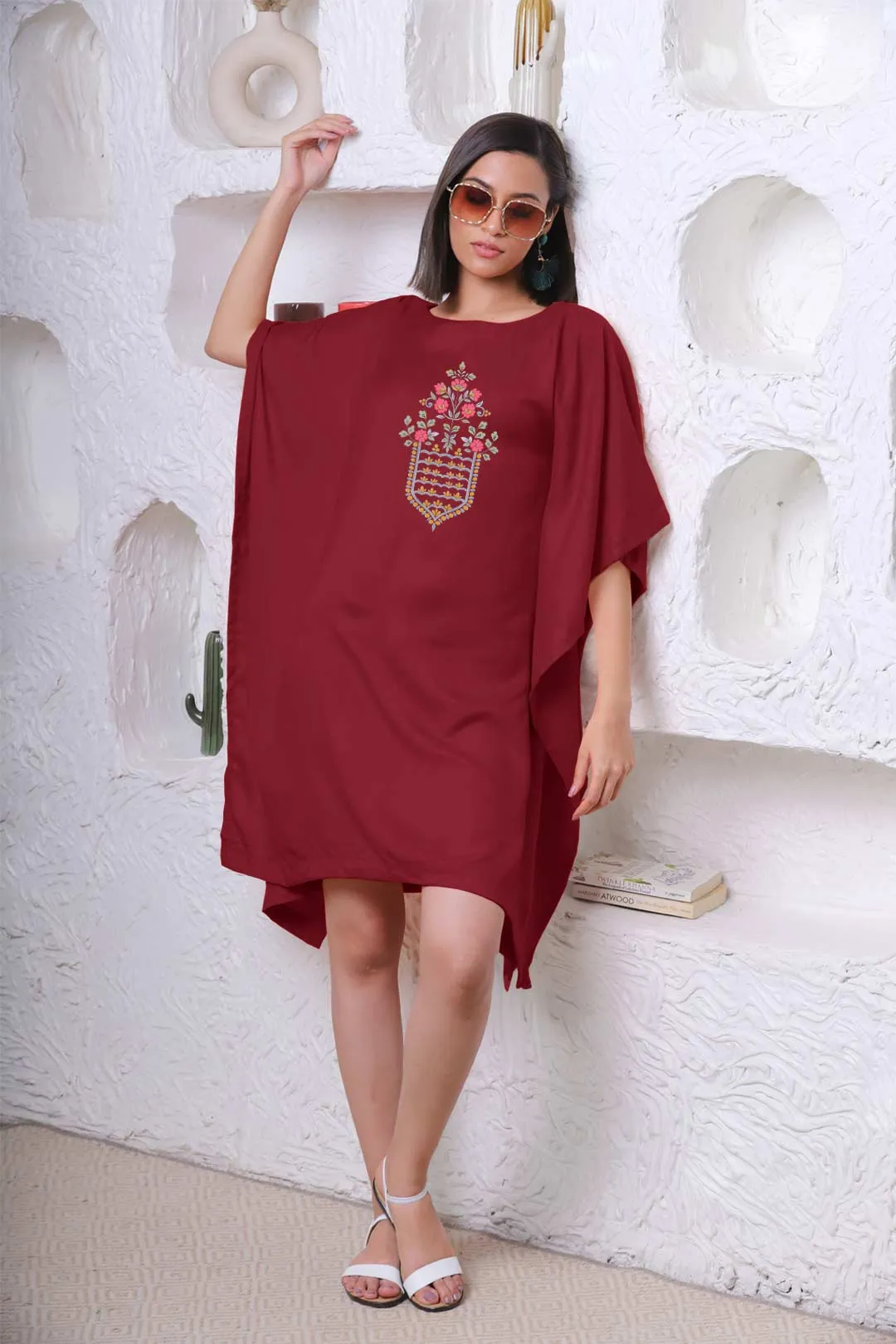 Maroon Rayon Kaftan - Mughal Print