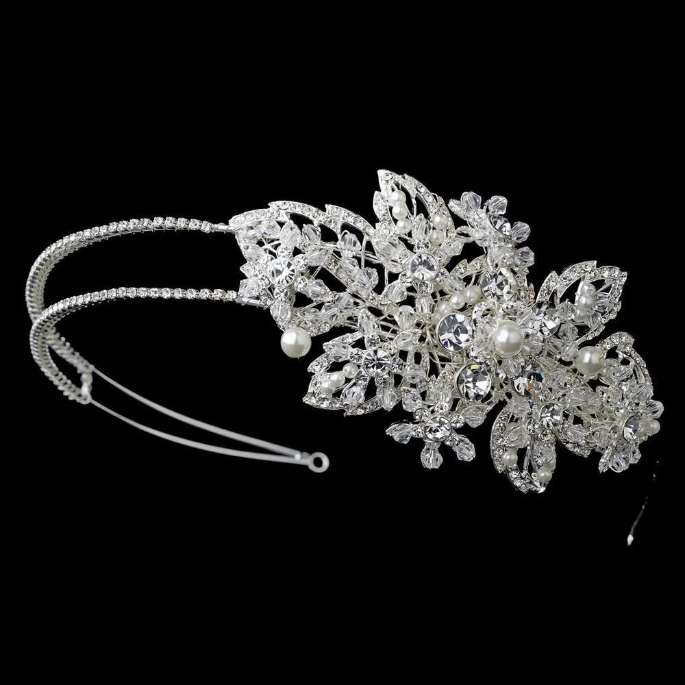 Marvelous Silver Austrian Crystal & Ivory Pearl Side Accented Bridal Headband