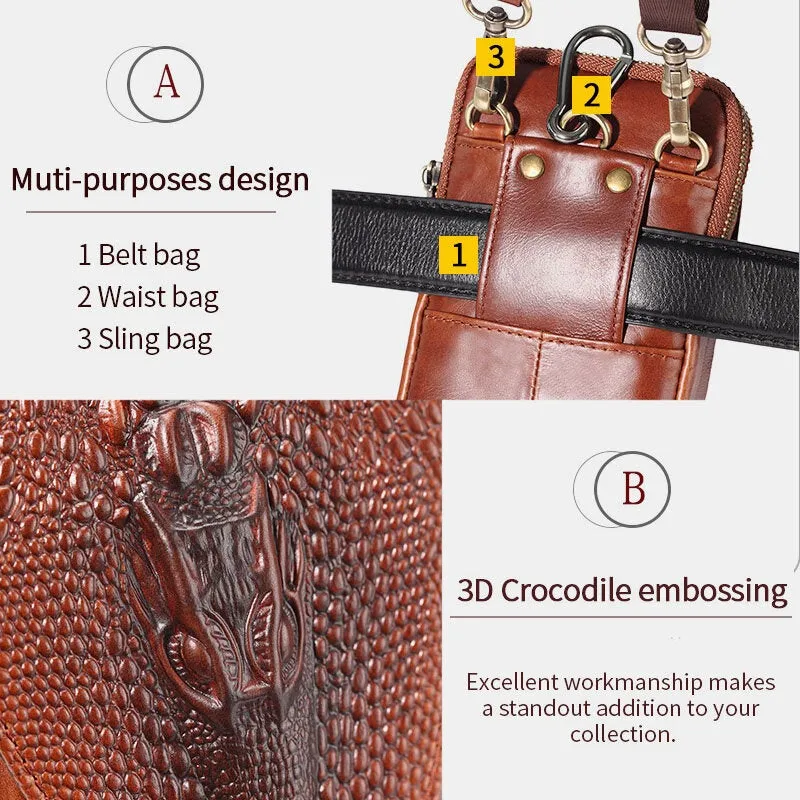 Men Crocodile Pattern Double Layer Zipper Crossbody Bags Multifunction Large Capacity Phone Bag Leather Waist With Hook