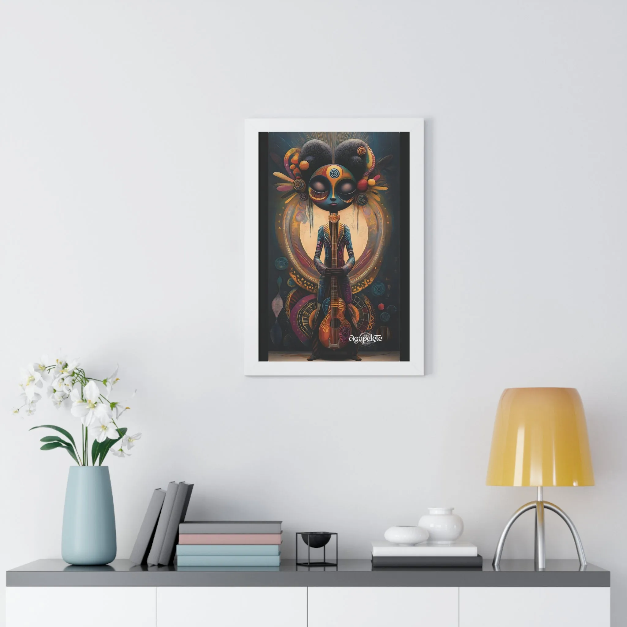 Mystical Musician Framed Poster, Guitar Wall Art, Harmonious Figure Art Print, Celestial Decor, Balance and Creativity Artwork