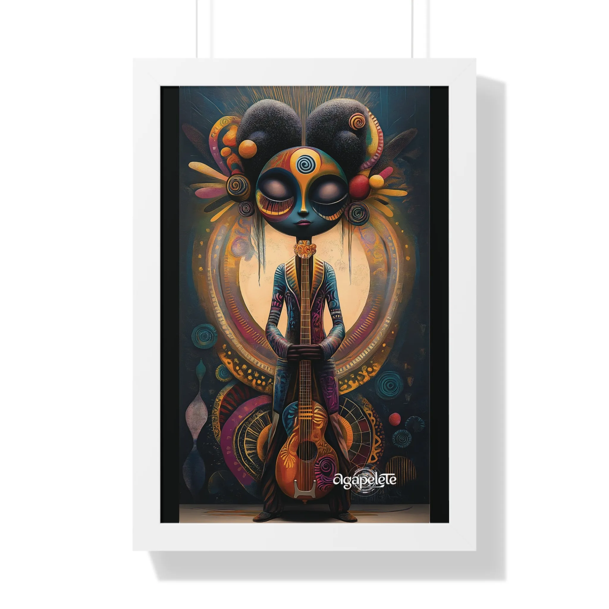 Mystical Musician Framed Poster, Guitar Wall Art, Harmonious Figure Art Print, Celestial Decor, Balance and Creativity Artwork