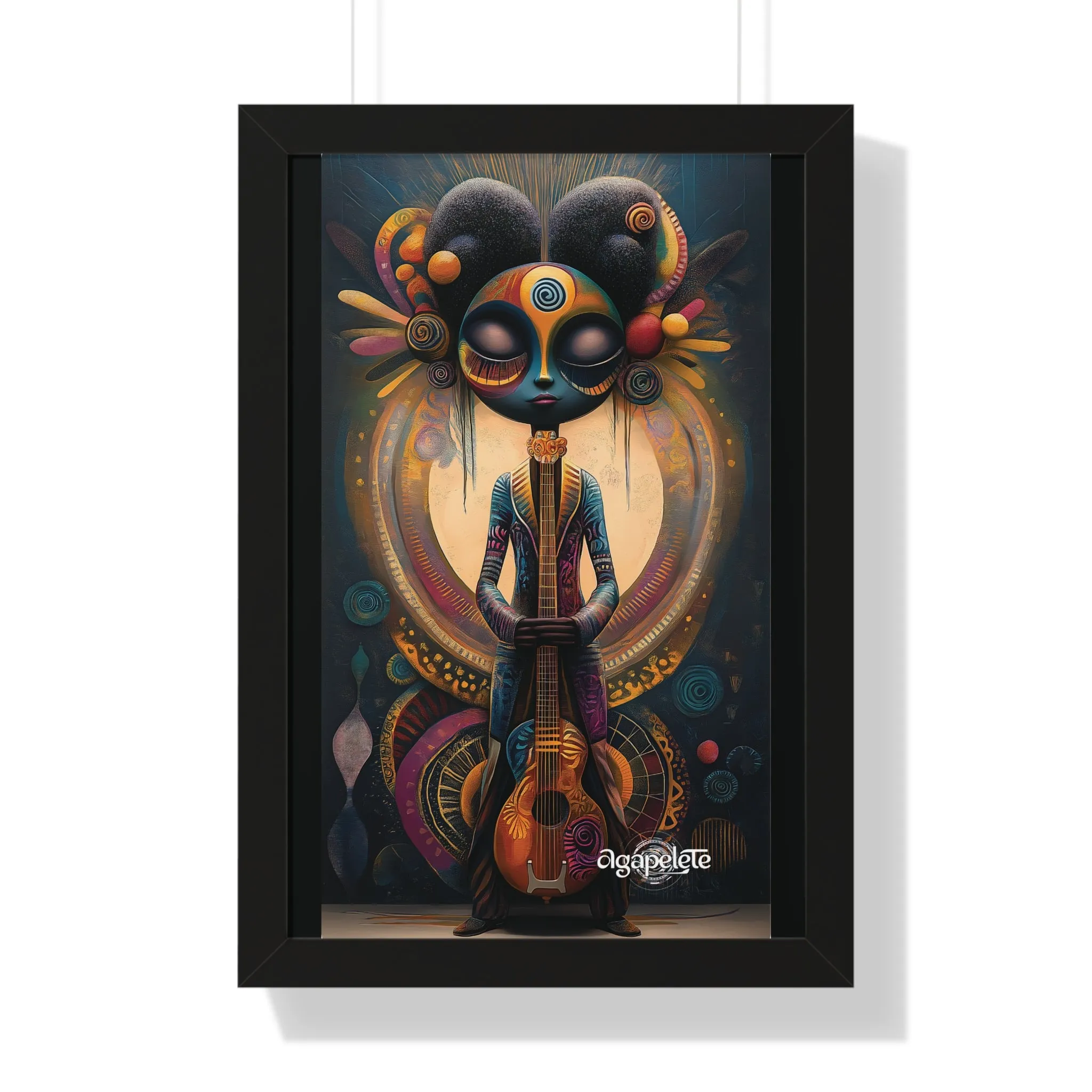 Mystical Musician Framed Poster, Guitar Wall Art, Harmonious Figure Art Print, Celestial Decor, Balance and Creativity Artwork