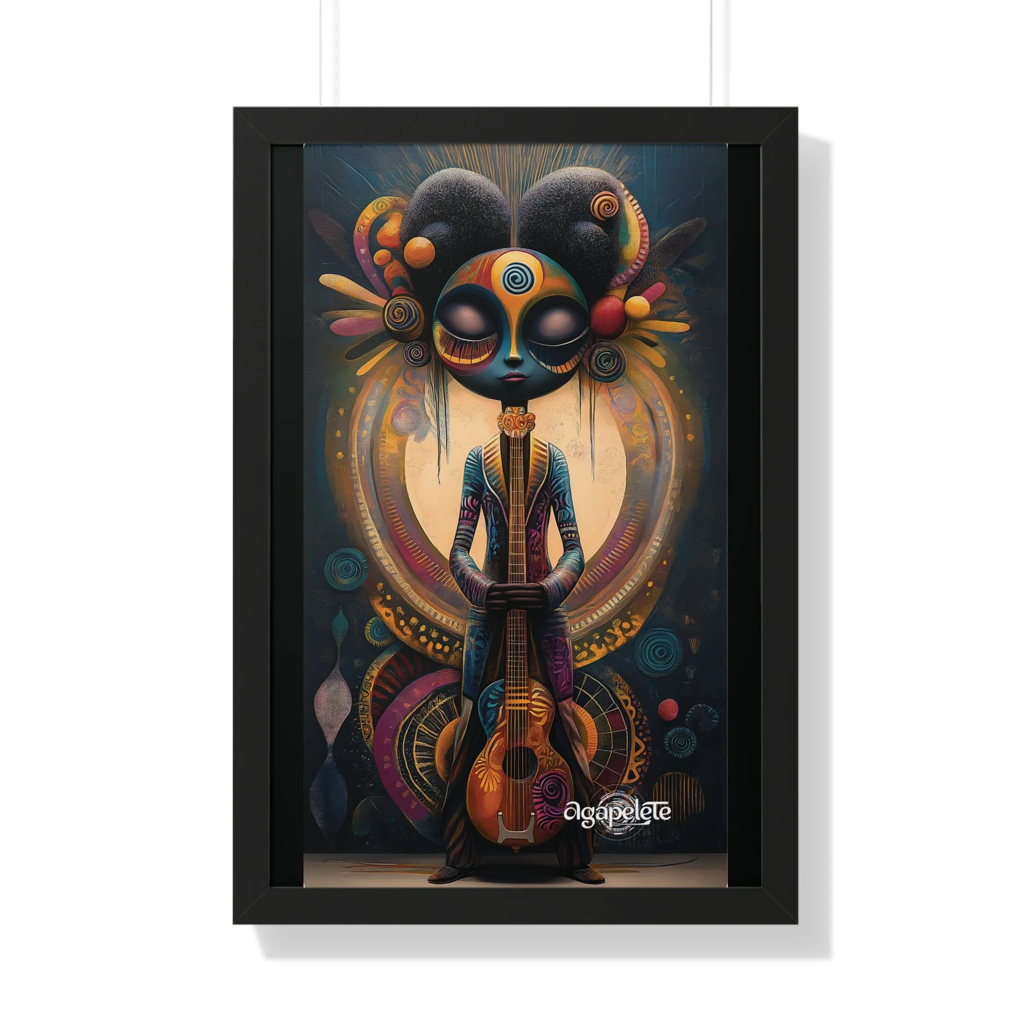 Mystical Musician Framed Poster, Guitar Wall Art, Harmonious Figure Art Print, Celestial Decor, Balance and Creativity Artwork