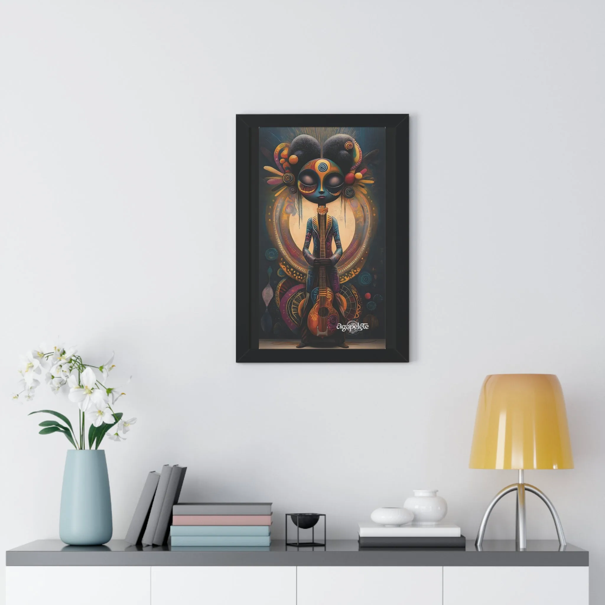 Mystical Musician Framed Poster, Guitar Wall Art, Harmonious Figure Art Print, Celestial Decor, Balance and Creativity Artwork