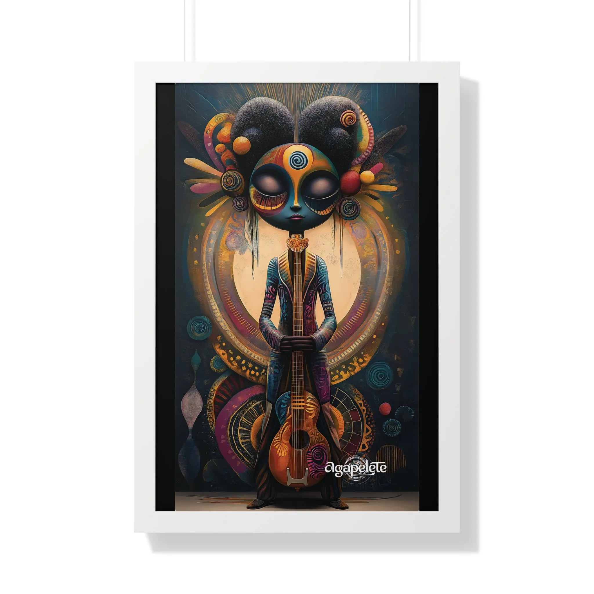 Mystical Musician Framed Poster, Guitar Wall Art, Harmonious Figure Art Print, Celestial Decor, Balance and Creativity Artwork