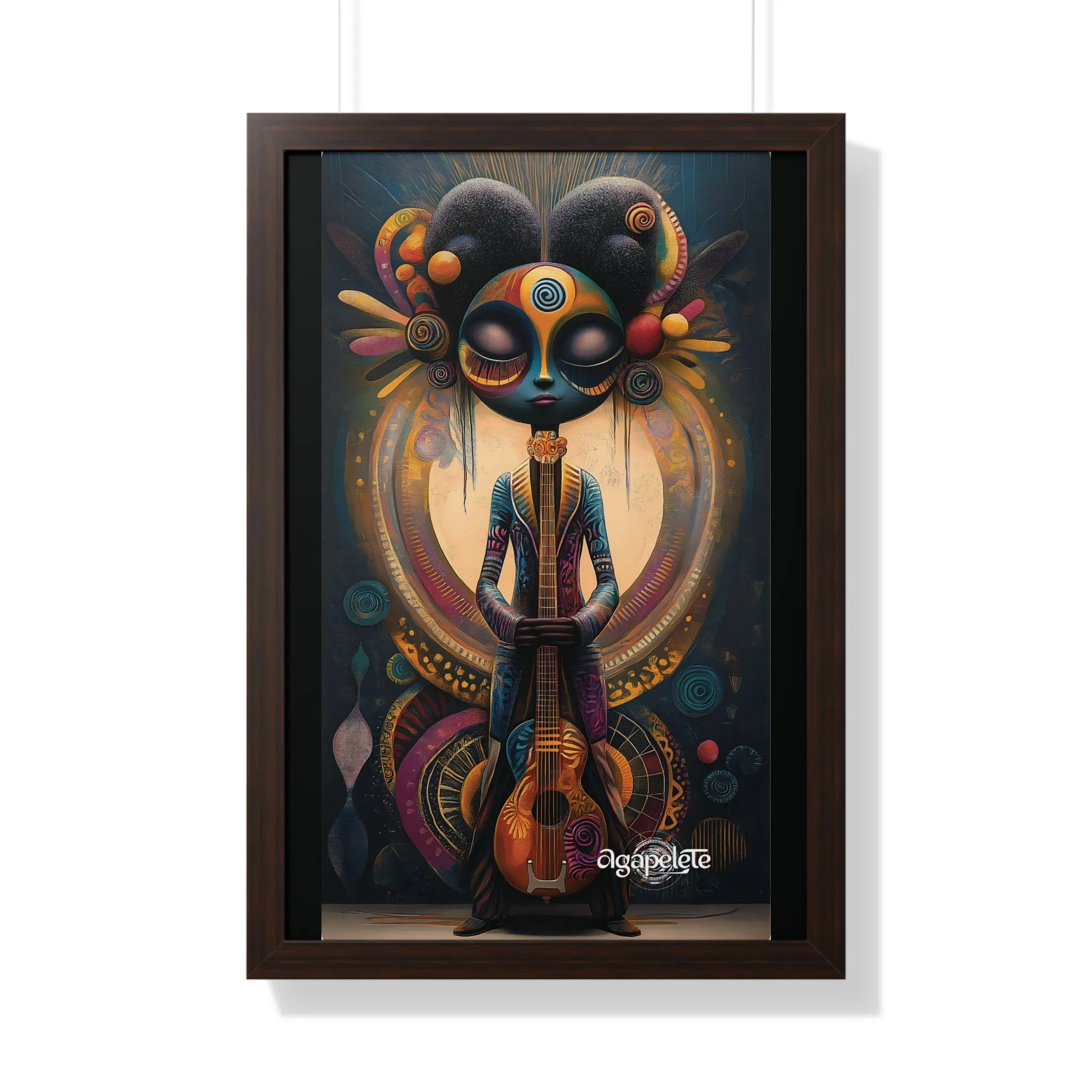 Mystical Musician Framed Poster, Guitar Wall Art, Harmonious Figure Art Print, Celestial Decor, Balance and Creativity Artwork