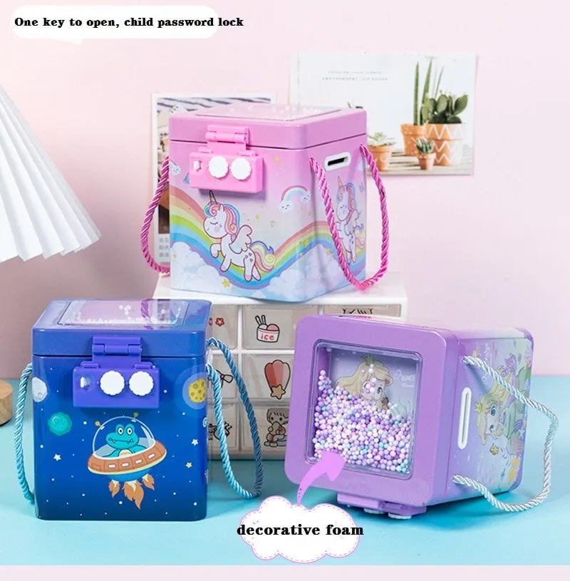 New Cute Unicorn Tinplate Hand Rope Square Password Lock Piggy Bank Children's Cartoon Mermaid Dino Savings Change Coins Money Box