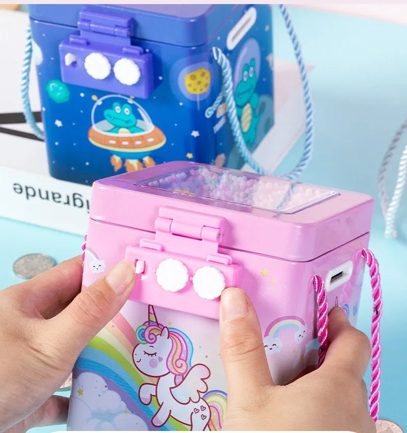 New Cute Unicorn Tinplate Hand Rope Square Password Lock Piggy Bank Children's Cartoon Mermaid Dino Savings Change Coins Money Box