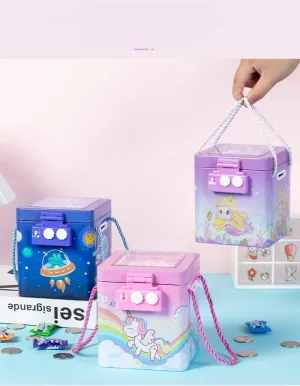 New Cute Unicorn Tinplate Hand Rope Square Password Lock Piggy Bank Children's Cartoon Mermaid Dino Savings Change Coins Money Box