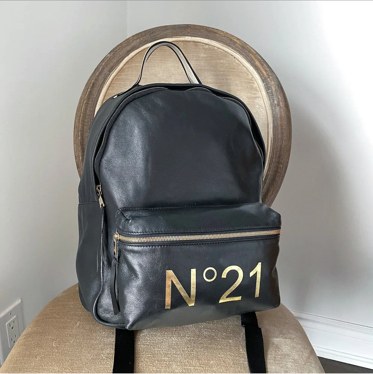 No. 21 Numeroventuno Black Leather Gold Logo Backpack