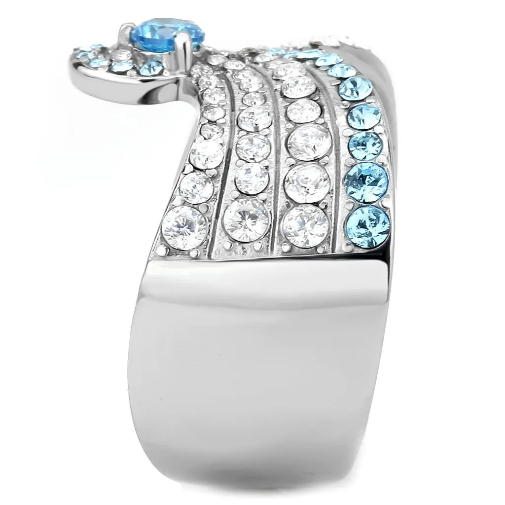 No Plating Stainless Steel Ring with AAA Grade CZ in Sea Blue for Women Style TK3572