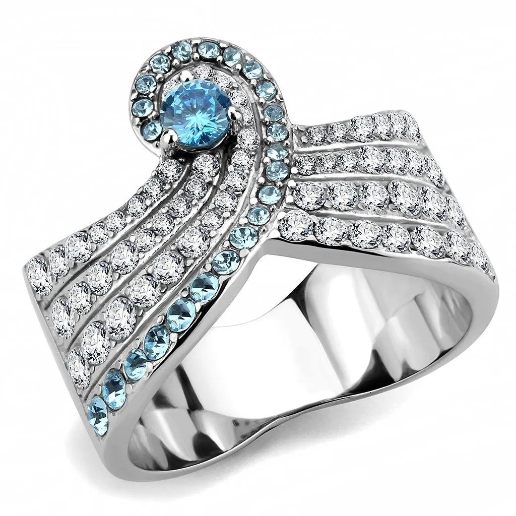 No Plating Stainless Steel Ring with AAA Grade CZ in Sea Blue for Women Style TK3572