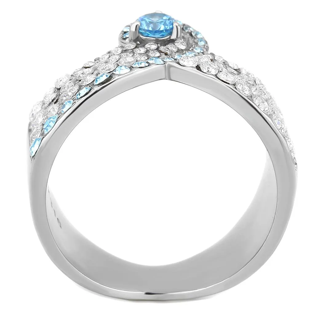 No Plating Stainless Steel Ring with AAA Grade CZ in Sea Blue for Women Style TK3572